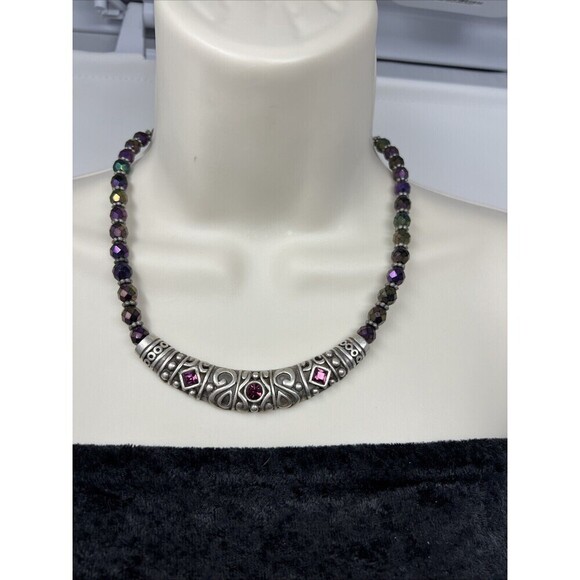 Chico's Jewelry - Chico's Necklace Silver Tone Collar Geometric Design Sparkle Purple Glass Beads